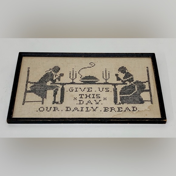 Antique Black Wooden Framed Give Us This Day Our Daily Bread Handmade Sampler - Picture 11 of 13